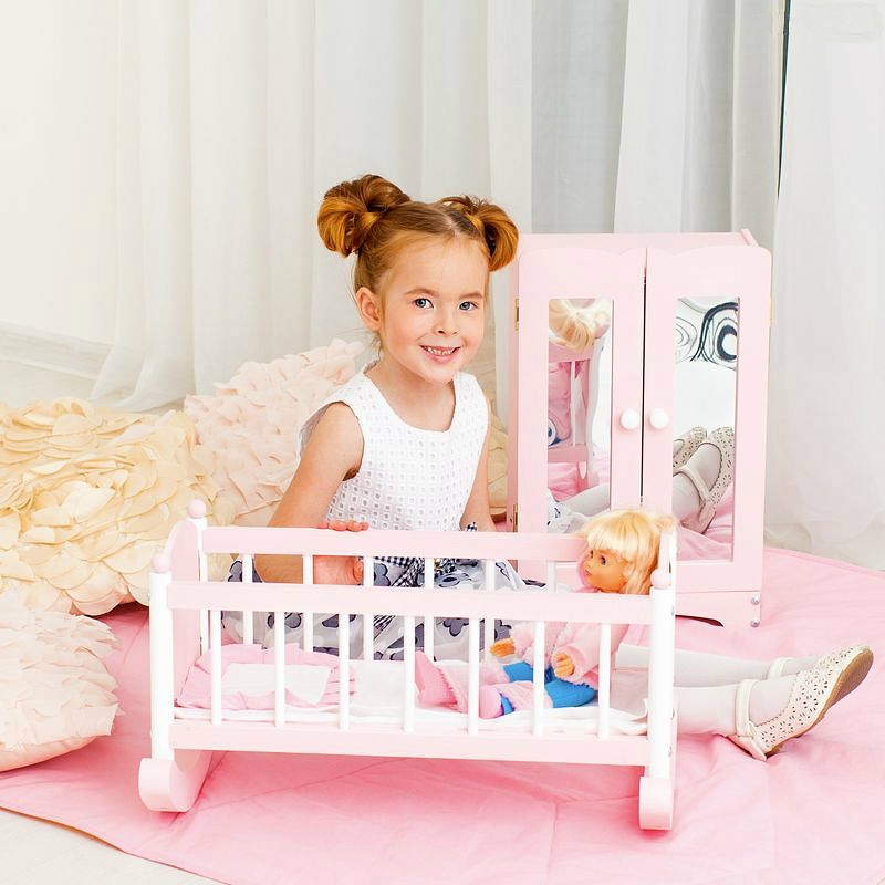 Набор кукольной мебели: шкаф и люлька, розовые  